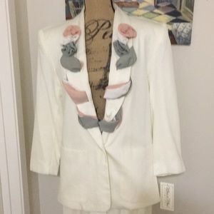 Vintage Oversized White Blazer with Shoulder Pads & Pastel Chiffon Detail (NWT)